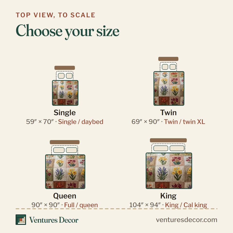 Size guide for the Botanical Wildflower Sampler Rows quilt, top view to scale: Single 59 x 70 in, Twin 69 x 90 in, Queen 90 x 90 in, King 104 x 94 in