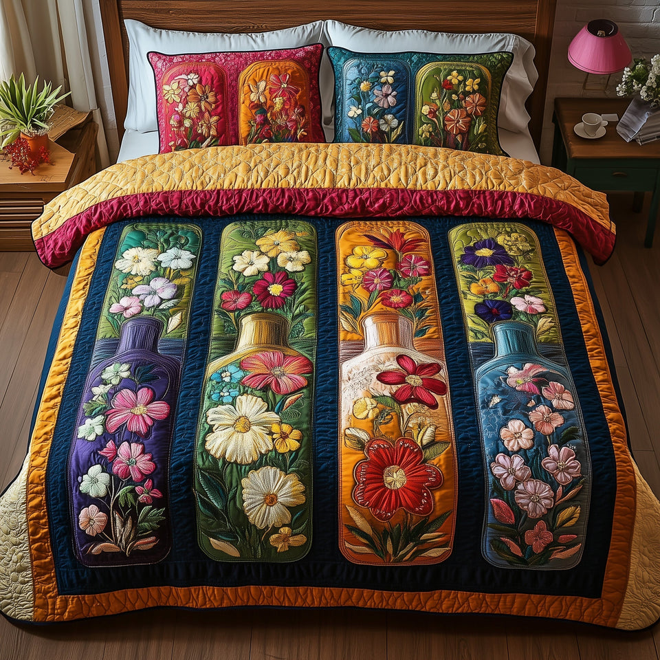 Bottle Of Blossom Jewel Stripes Golden Fold quilted bedding set, quilt and two pillow shams on a made bed