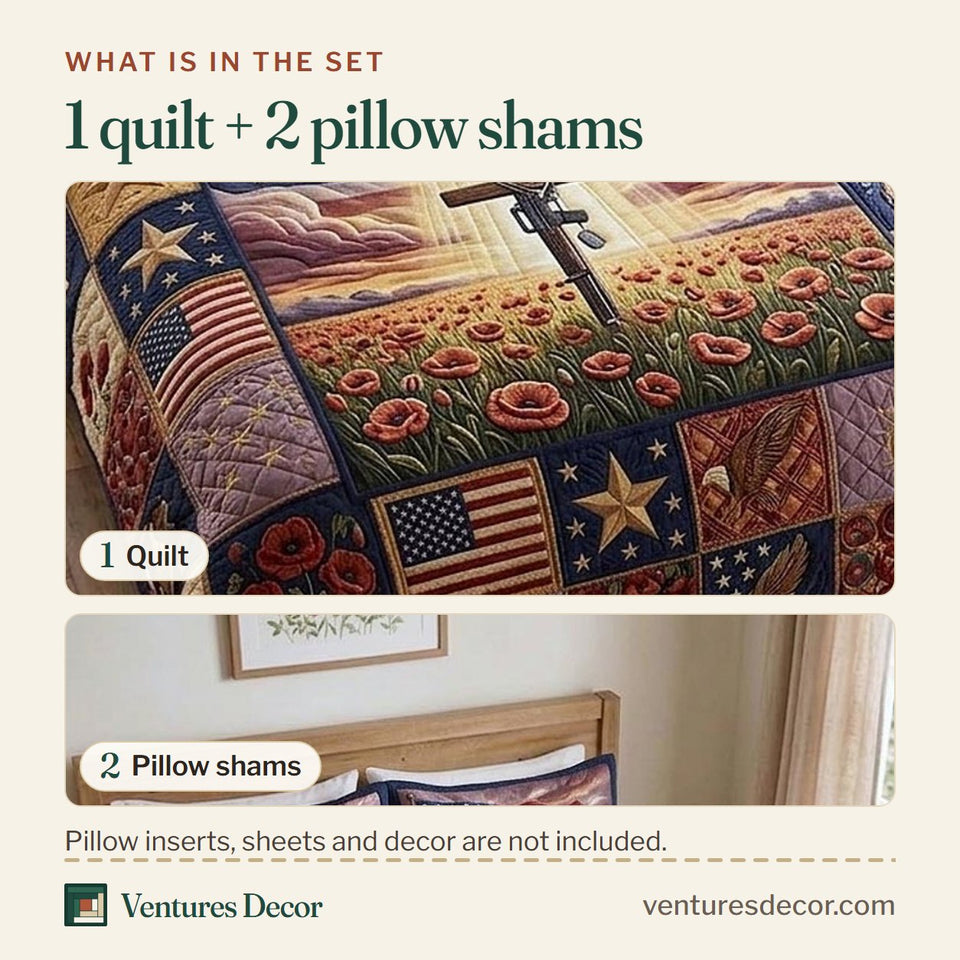 What is in the set: one quilt and two pillow shams, shown in the Brave Souls design