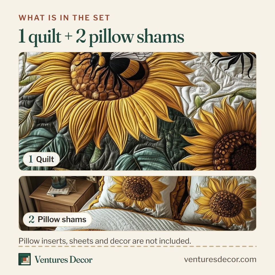 What is in the set: one quilt and two pillow shams, shown in the Bumblebee Sunflower Hum design