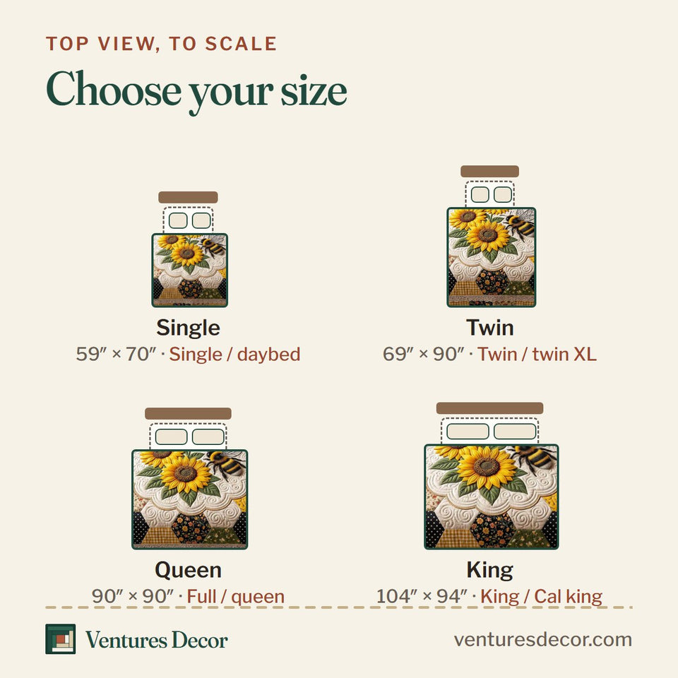 Size guide for the Bumblebee Sunflower Patch quilt, top view to scale: Single 59 x 70 in, Twin 69 x 90 in, Queen 90 x 90 in, King 104 x 94 in