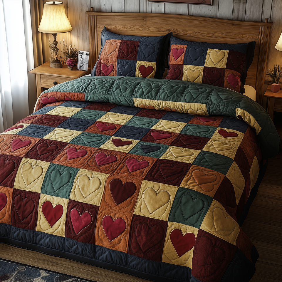 Burgundy Heart Checker quilted bedding set, quilt and two pillow shams on a made bed