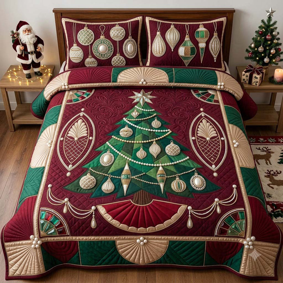 Burgundy Heirloom Bauble Tree quilted bedding set, quilt and two pillow shams on a made bed
