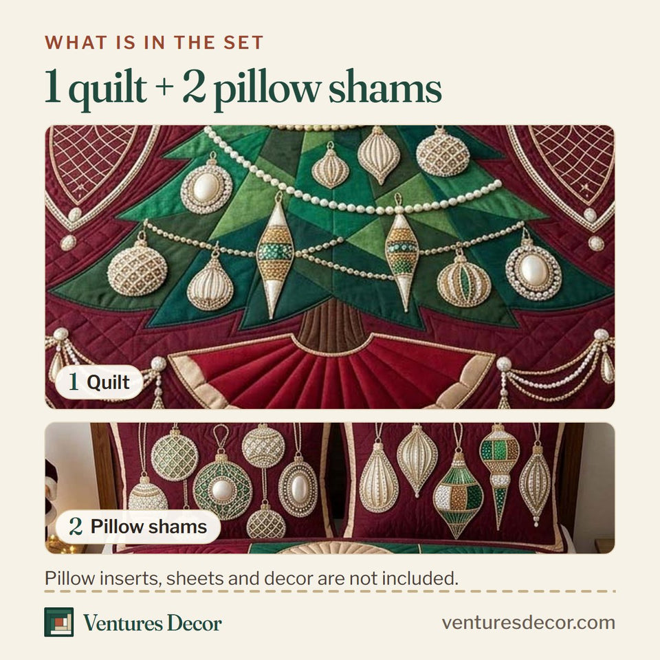 What is in the set: one quilt and two pillow shams, shown in the Burgundy Heirloom Bauble Tree design