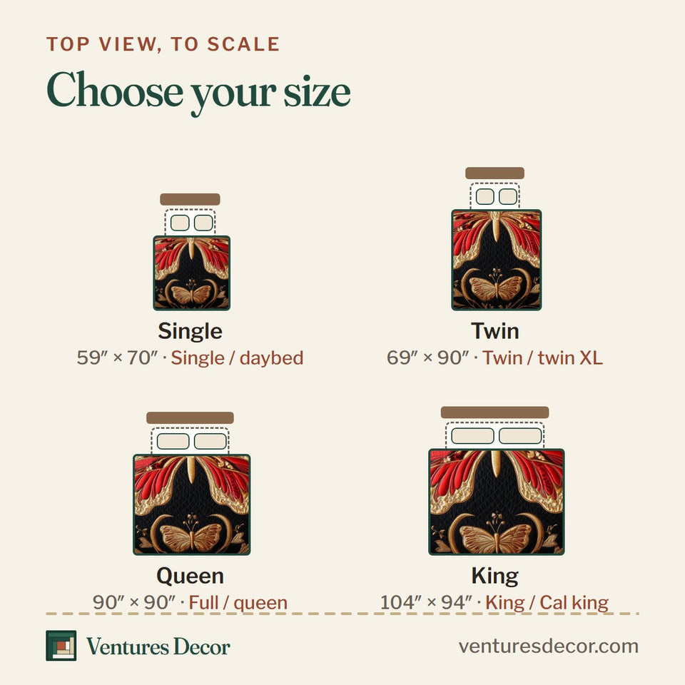 Size guide for the Butterflies Elegance of Nature Coral Wings Gold Scrollwork quilt, top view to scale: Single 59 x 70 in, Twin 69 x 90 in, Queen 90 x 90 in, King 104 x 94 in
