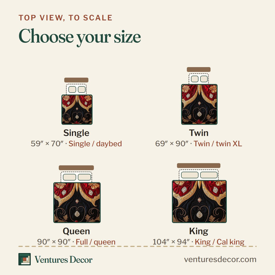 Size guide for the Butterflies Elegance of Nature Crimson Wings Autumn Leaf Vines quilt, top view to scale: Single 59 x 70 in, Twin 69 x 90 in, Queen 90 x 90 in, King 104 x 94 in