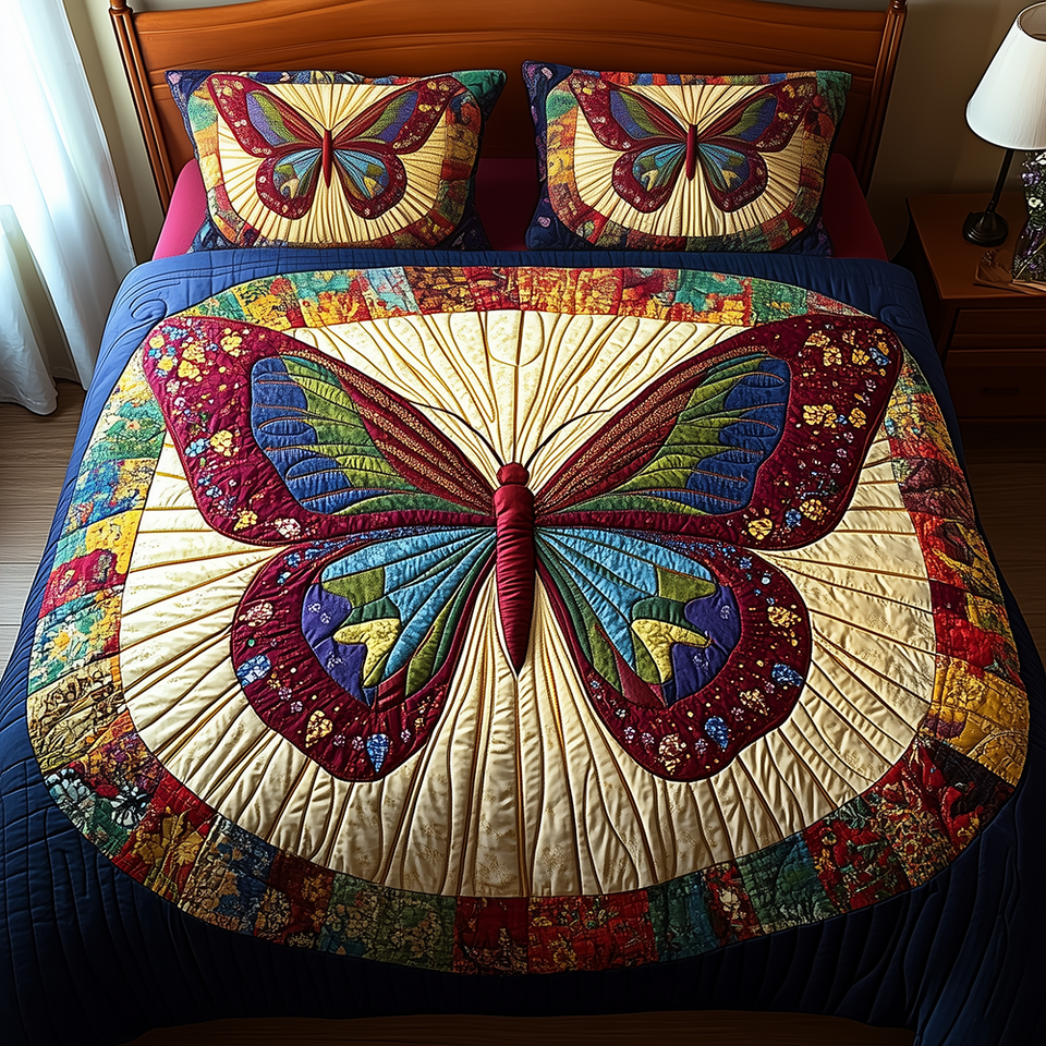 Butterfly Charm Burgundy Wings on Cream Fan quilted bedding set, quilt and two pillow shams on a made bed