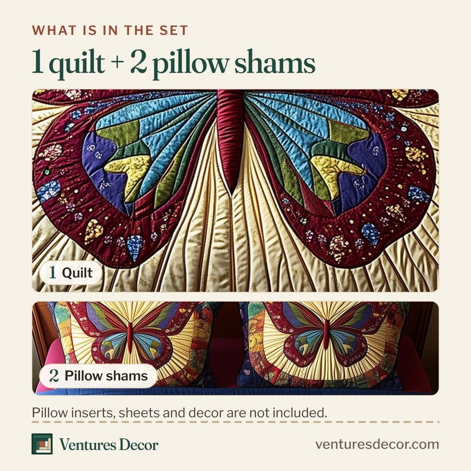 What is in the set: one quilt and two pillow shams, shown in the Butterfly Charm Burgundy Wings on Cream Fan design
