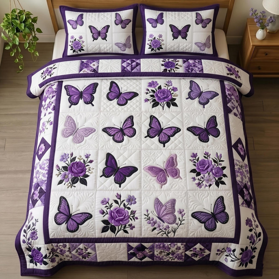 Butterfly Dream Violet Butterfly Grid quilted bedding set, quilt and two pillow shams on a made bed