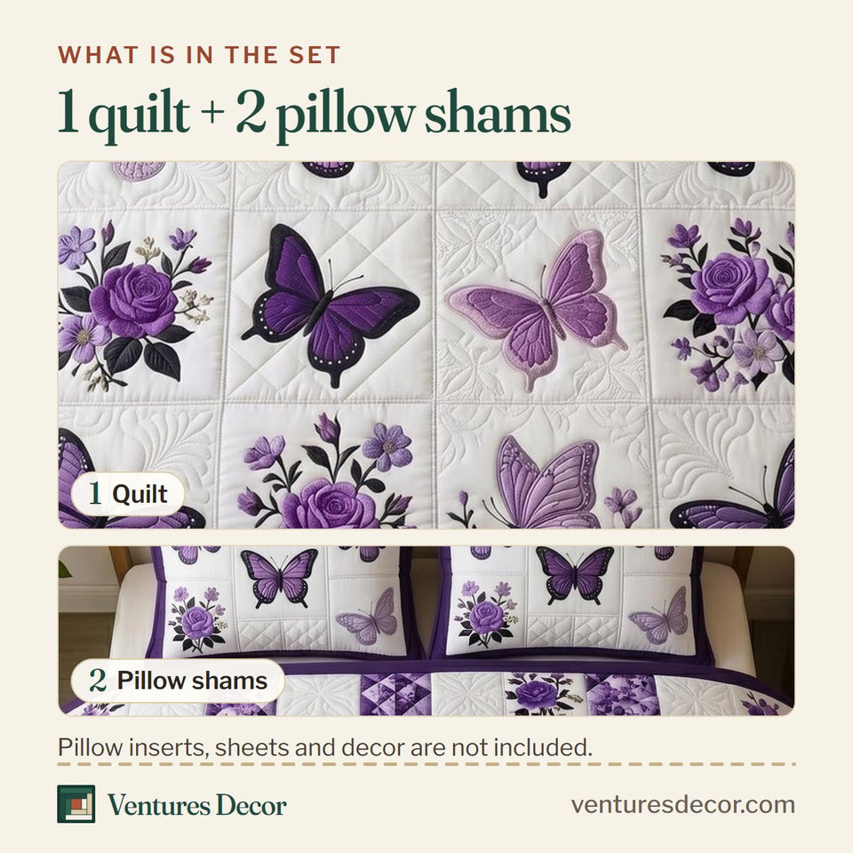 What is in the set: one quilt and two pillow shams, shown in the Butterfly Dream Violet Butterfly Grid design