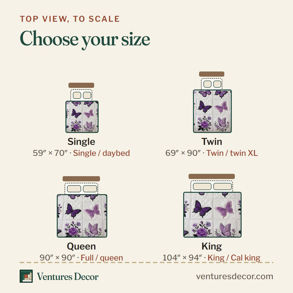 Size guide for the Butterfly Dream Violet Butterfly Grid quilt, top view to scale: Single 59 x 70 in, Twin 69 x 90 in, Queen 90 x 90 in, King 104 x 94 in