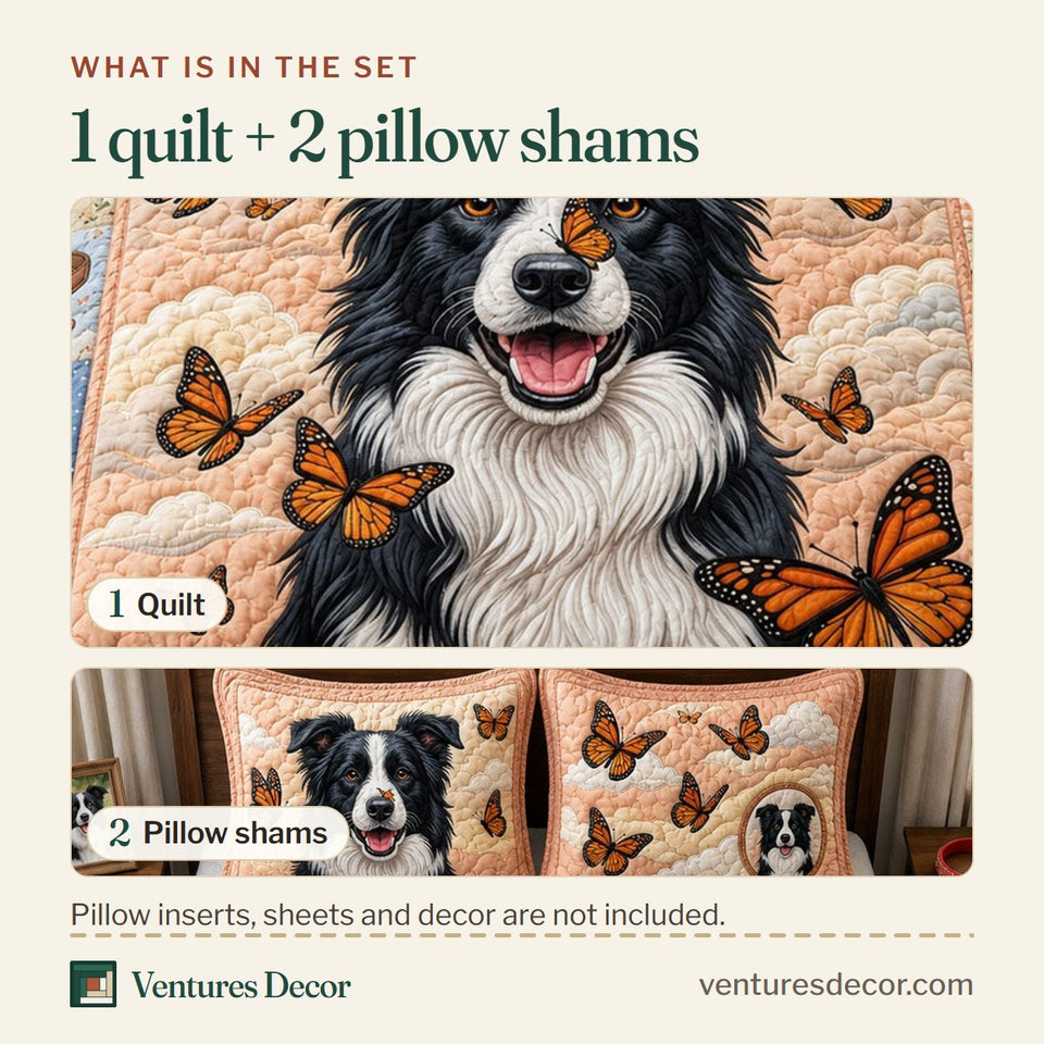 What is in the set: one quilt and two pillow shams, shown in the Butterfly Dreams design