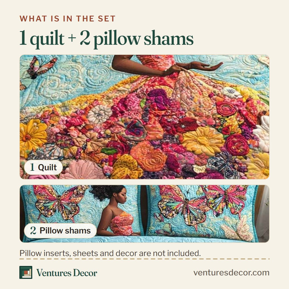 What is in the set: one quilt and two pillow shams, shown in the Butterfly Fantasy design