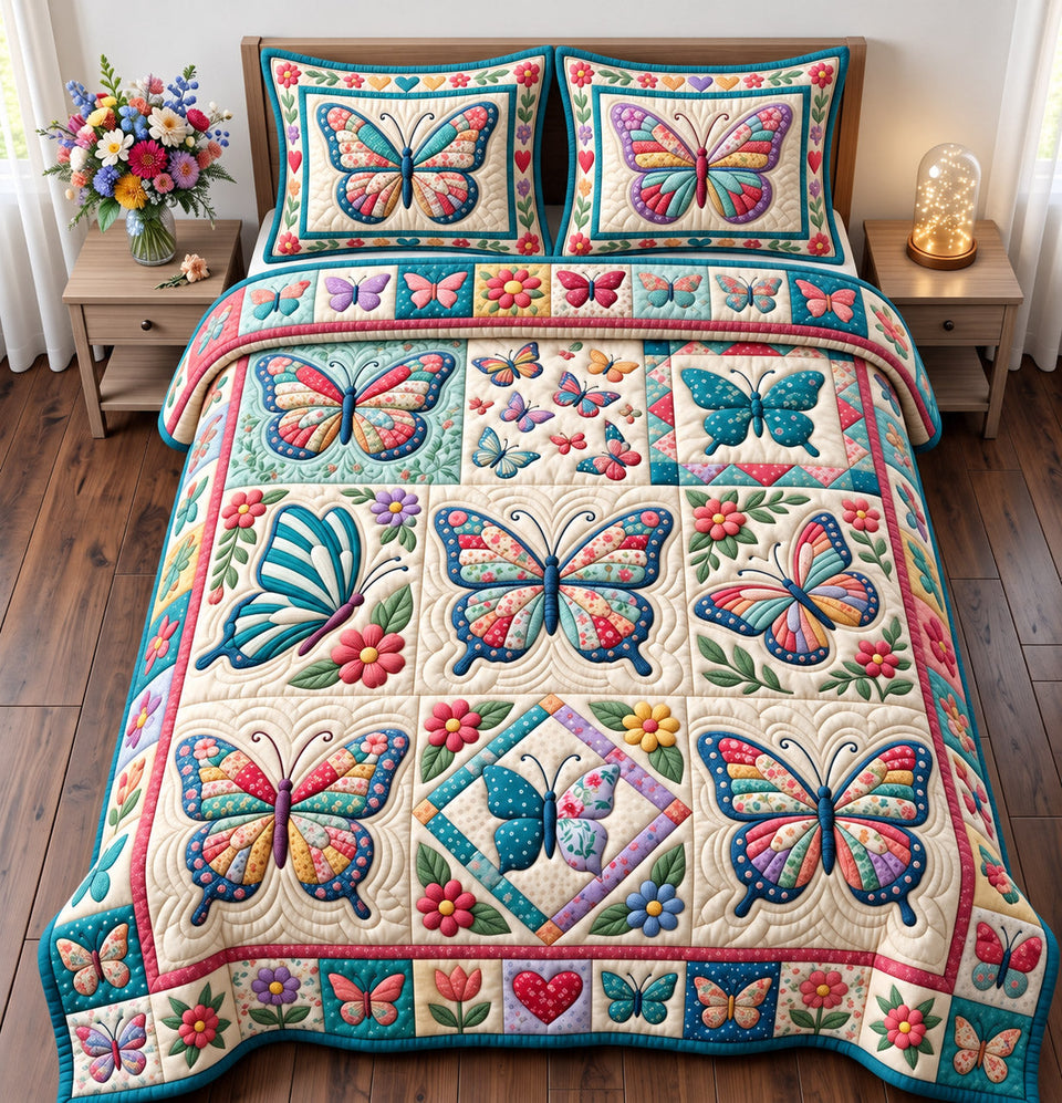 Butterfly Patchwork Quilt quilted bedding set, quilt and two pillow shams on a made bed