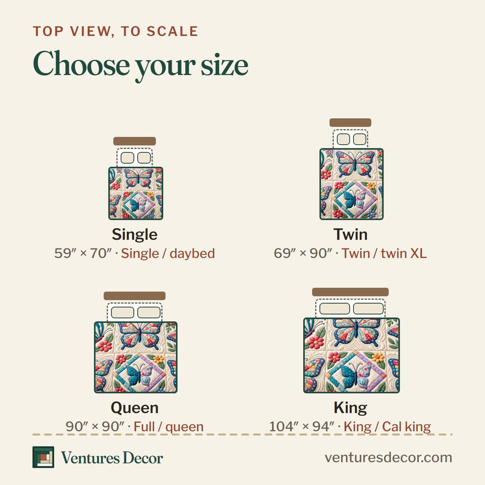 Size guide for the Butterfly Patchwork Quilt quilt, top view to scale: Single 59 x 70 in, Twin 69 x 90 in, Queen 90 x 90 in, King 104 x 94 in
