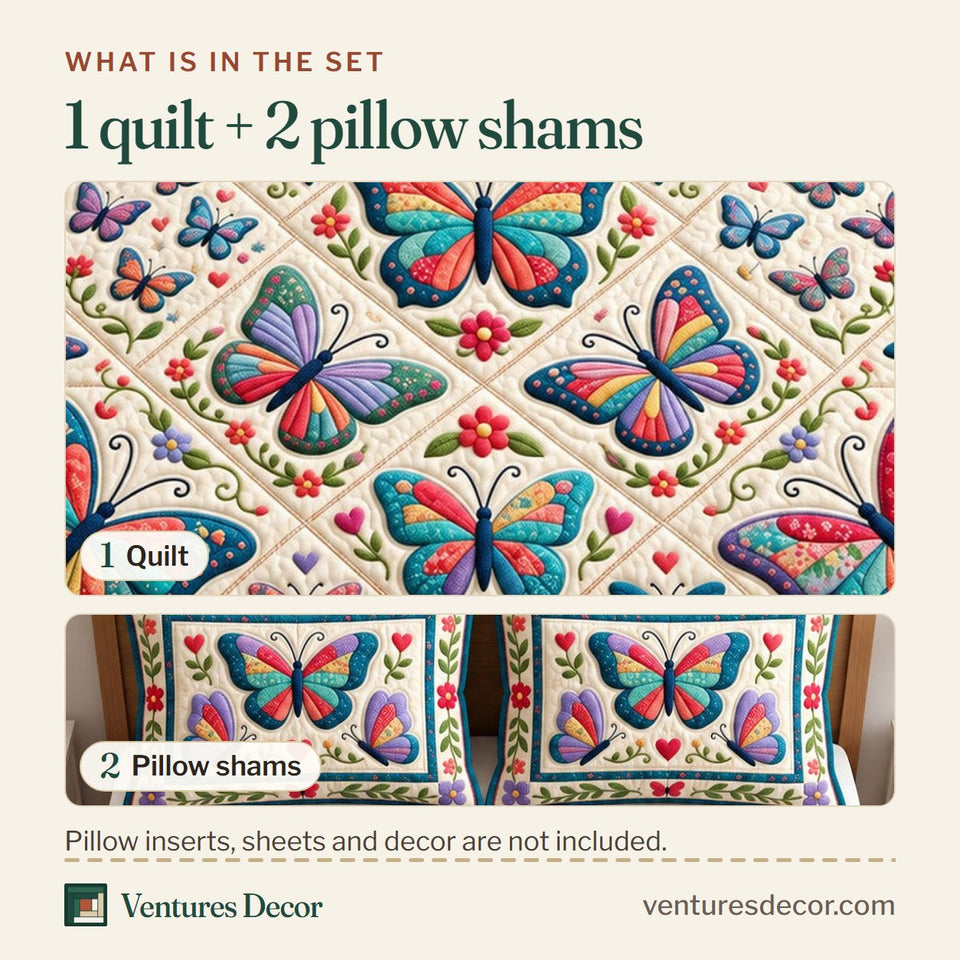 What is in the set: one quilt and two pillow shams, shown in the Butterfly Patchwork design