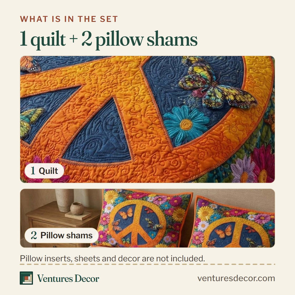 What is in the set: one quilt and two pillow shams, shown in the Butterfly Peace Flower Power design