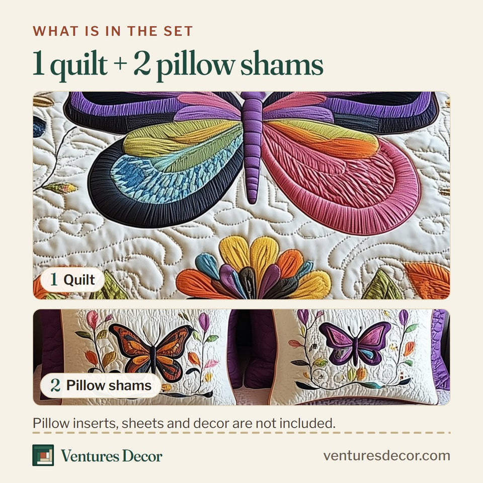 What is in the set: one quilt and two pillow shams, shown in the Butterfly Purple Wings in a Folk Flower Ring design