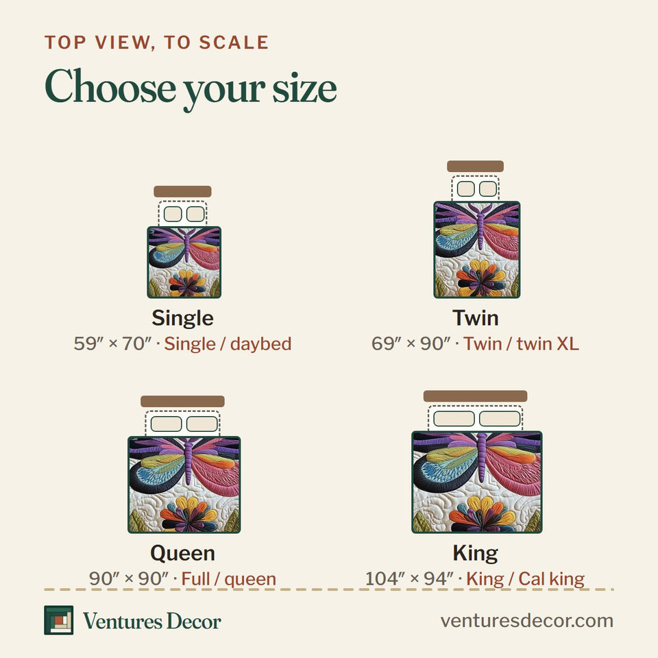 Size guide for the Butterfly Purple Wings in a Folk Flower Ring quilt, top view to scale: Single 59 x 70 in, Twin 69 x 90 in, Queen 90 x 90 in, King 104 x 94 in