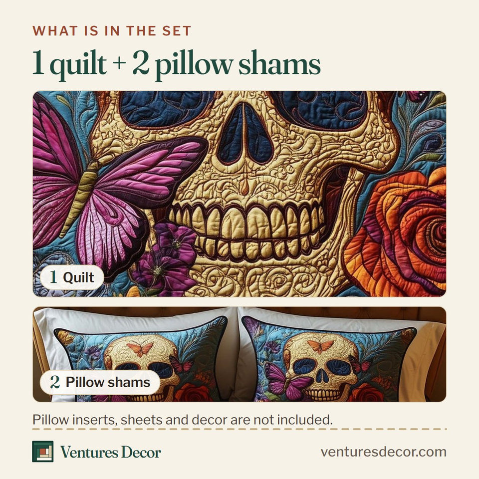 What is in the set: one quilt and two pillow shams, shown in the Butterfly Skull design