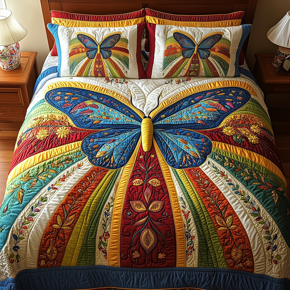 Butterfly Sunray Splendor quilted bedding set, quilt and two pillow shams on a made bed