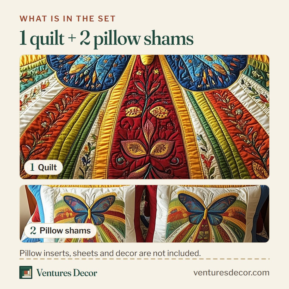 What is in the set: one quilt and two pillow shams, shown in the Butterfly Sunray Splendor design