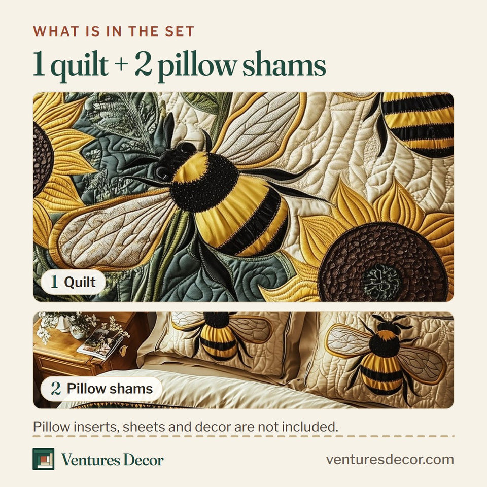 What is in the set: one quilt and two pillow shams, shown in the Buzzing Blossoms Bees Above the Sunflowers design