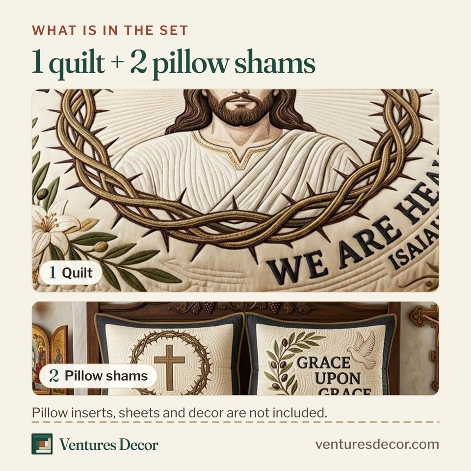 What is in the set: one quilt and two pillow shams, shown in the By His Wounds Quilt Set, 3-Piece Quilted Bedding with 2 Pillow Shams design