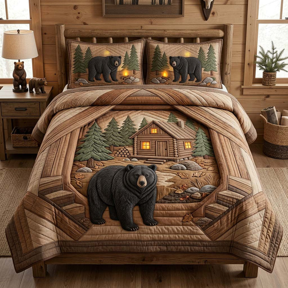 Cabin Bear Porch quilted bedding set, quilt and two pillow shams on a made bed