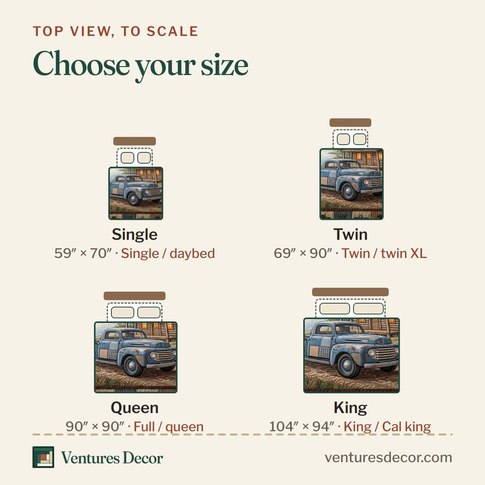 Size guide for the Cabin Charm quilt, top view to scale: Single 59 x 70 in, Twin 69 x 90 in, Queen 90 x 90 in, King 104 x 94 in