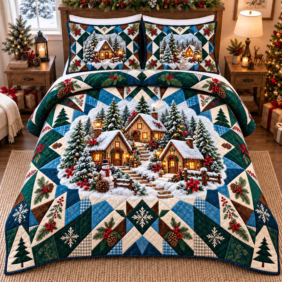 Cabin Christmas Retreat quilted bedding set, quilt and two pillow shams on a made bed