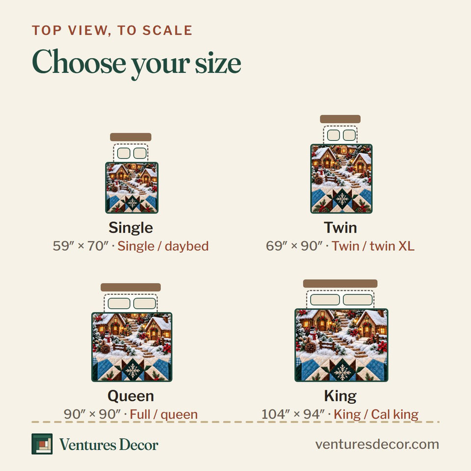 Size guide for the Cabin Christmas Retreat quilt, top view to scale: Single 59 x 70 in, Twin 69 x 90 in, Queen 90 x 90 in, King 104 x 94 in
