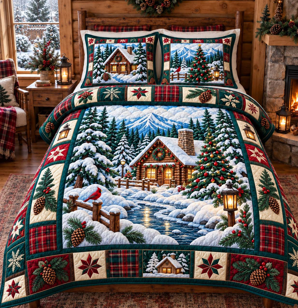 Cabin Christmas Retreat Red Truck Bedding quilted bedding set, quilt and two pillow shams on a made bed