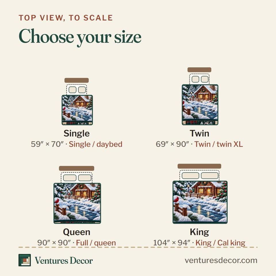 Size guide for the Cabin Christmas Retreat Red Truck Bedding quilt, top view to scale: Single 59 x 70 in, Twin 69 x 90 in, Queen 90 x 90 in, King 104 x 94 in