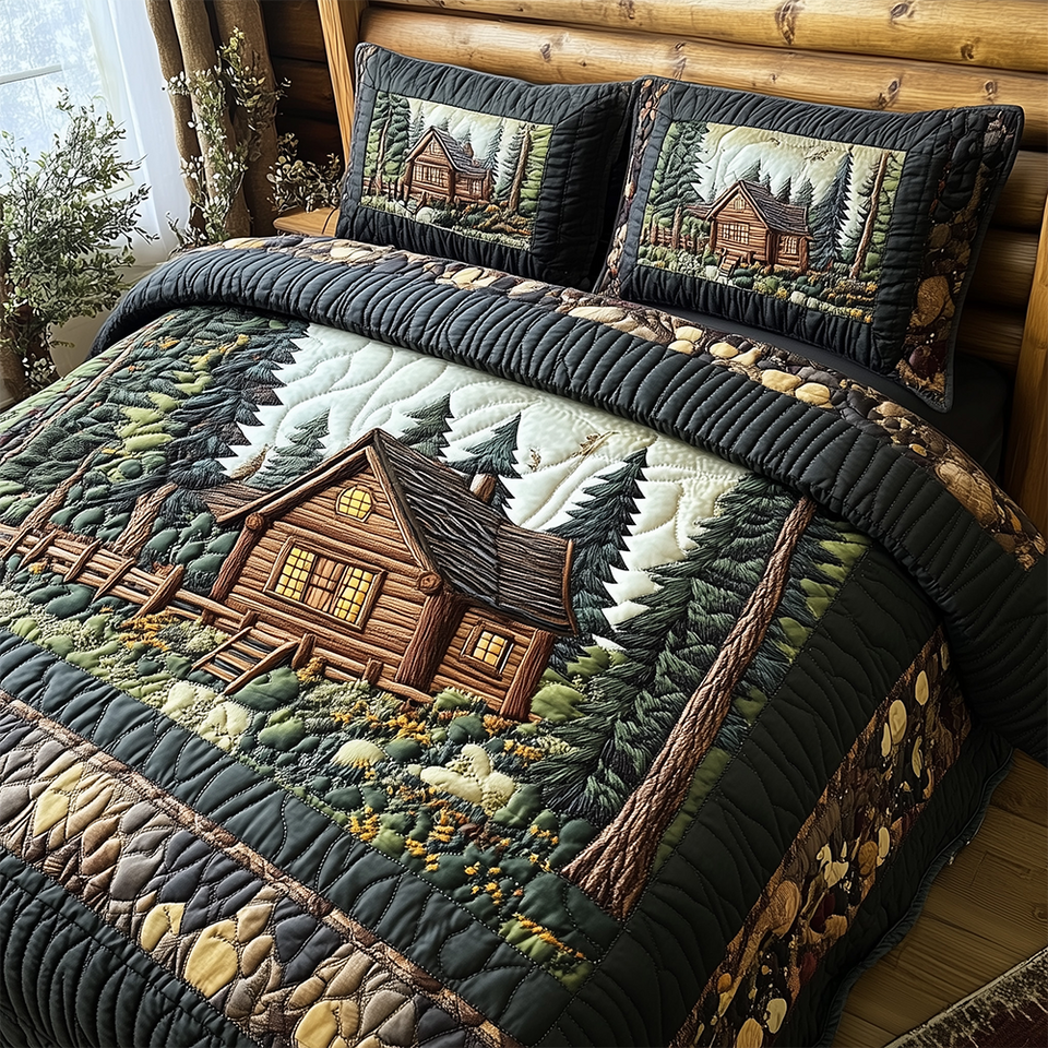 Cabin in Woods Tall Pine Grove Deep Green quilted bedding set, quilt and two pillow shams on a made bed