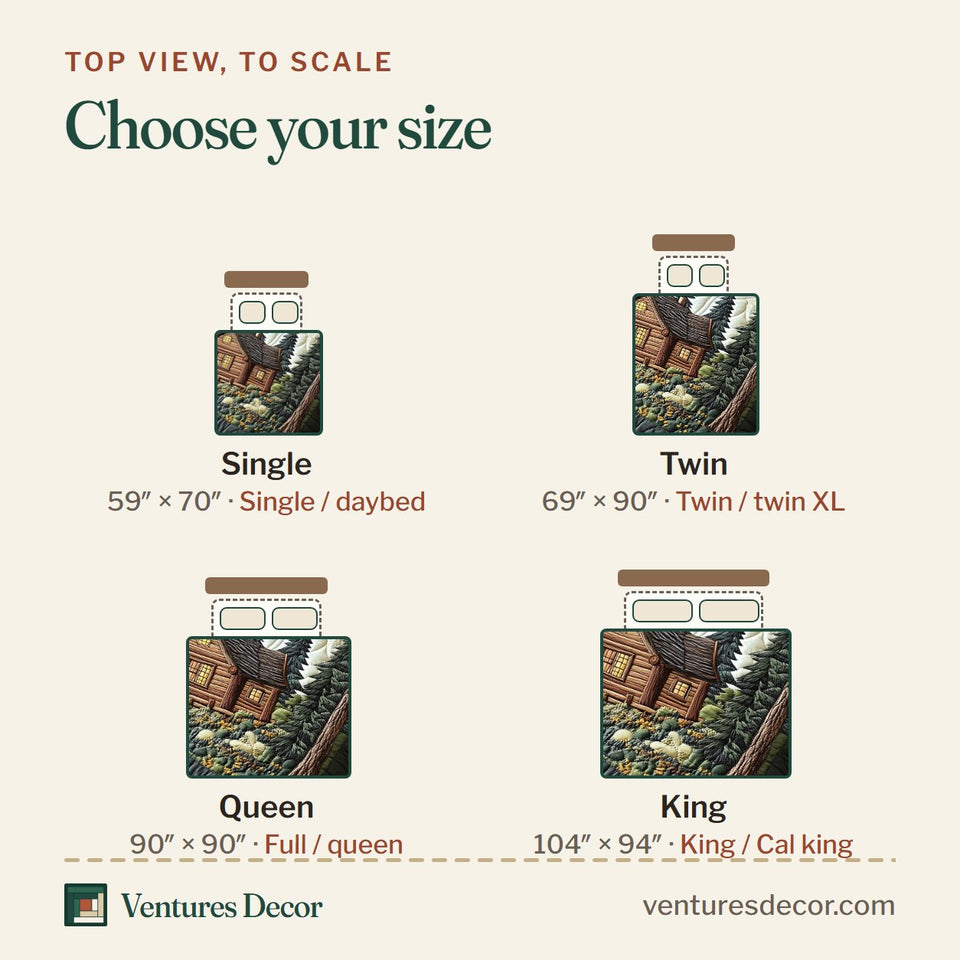 Size guide for the Cabin in Woods Tall Pine Grove Deep Green quilt, top view to scale: Single 59 x 70 in, Twin 69 x 90 in, Queen 90 x 90 in, King 104 x 94 in