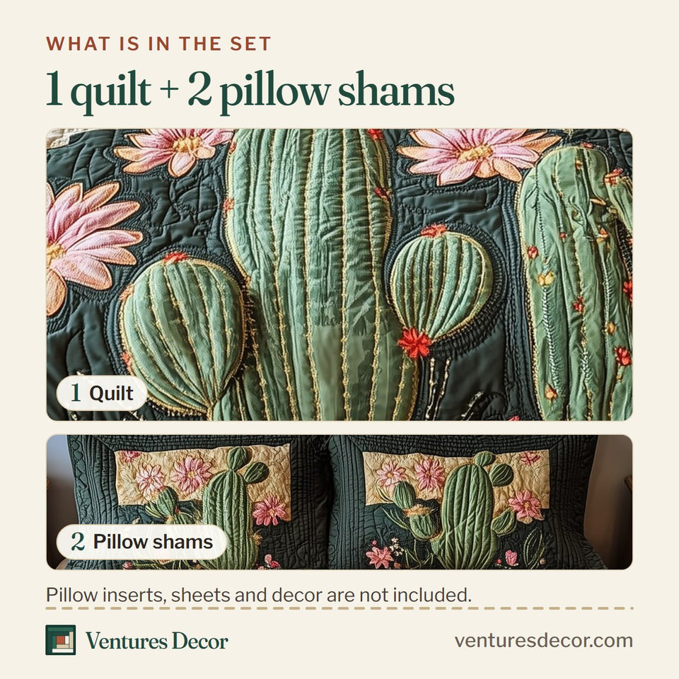 What is in the set: one quilt and two pillow shams, shown in the Cactus Dreamer Blush Flowers on a Dark Border design