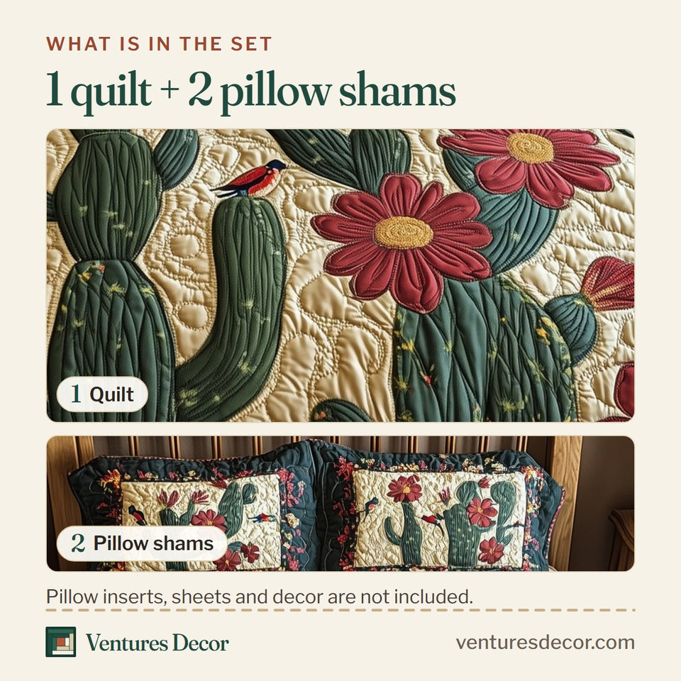 What is in the set: one quilt and two pillow shams, shown in the Cactus Dreamer Red Daisies Along the Row design