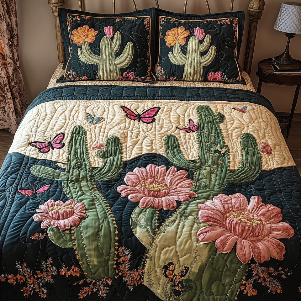 Cactus Dreamer Wide Pink Blossoms on Navy quilted bedding set, quilt and two pillow shams on a made bed