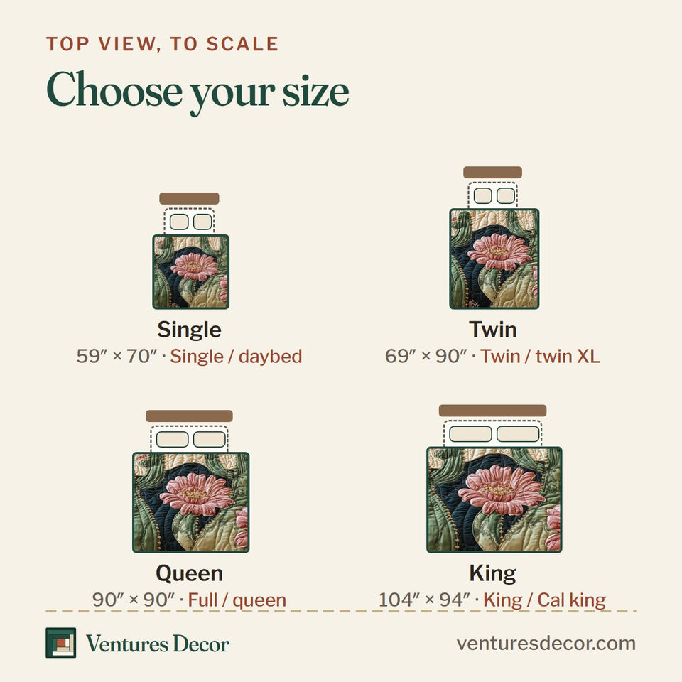 Size guide for the Cactus Dreamer Wide Pink Blossoms on Navy quilt, top view to scale: Single 59 x 70 in, Twin 69 x 90 in, Queen 90 x 90 in, King 104 x 94 in