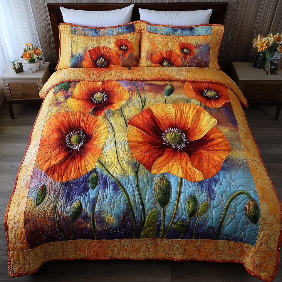California Poppies quilted bedding set, quilt and two pillow shams on a made bed