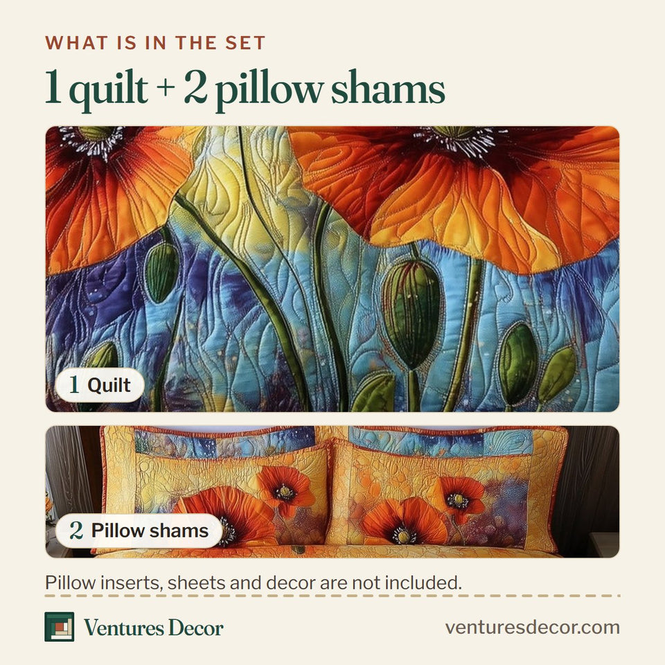 What is in the set: one quilt and two pillow shams, shown in the California Poppies design