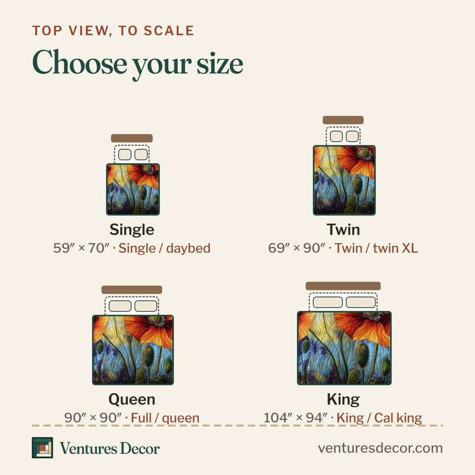 Size guide for the California Poppies quilt, top view to scale: Single 59 x 70 in, Twin 69 x 90 in, Queen 90 x 90 in, King 104 x 94 in