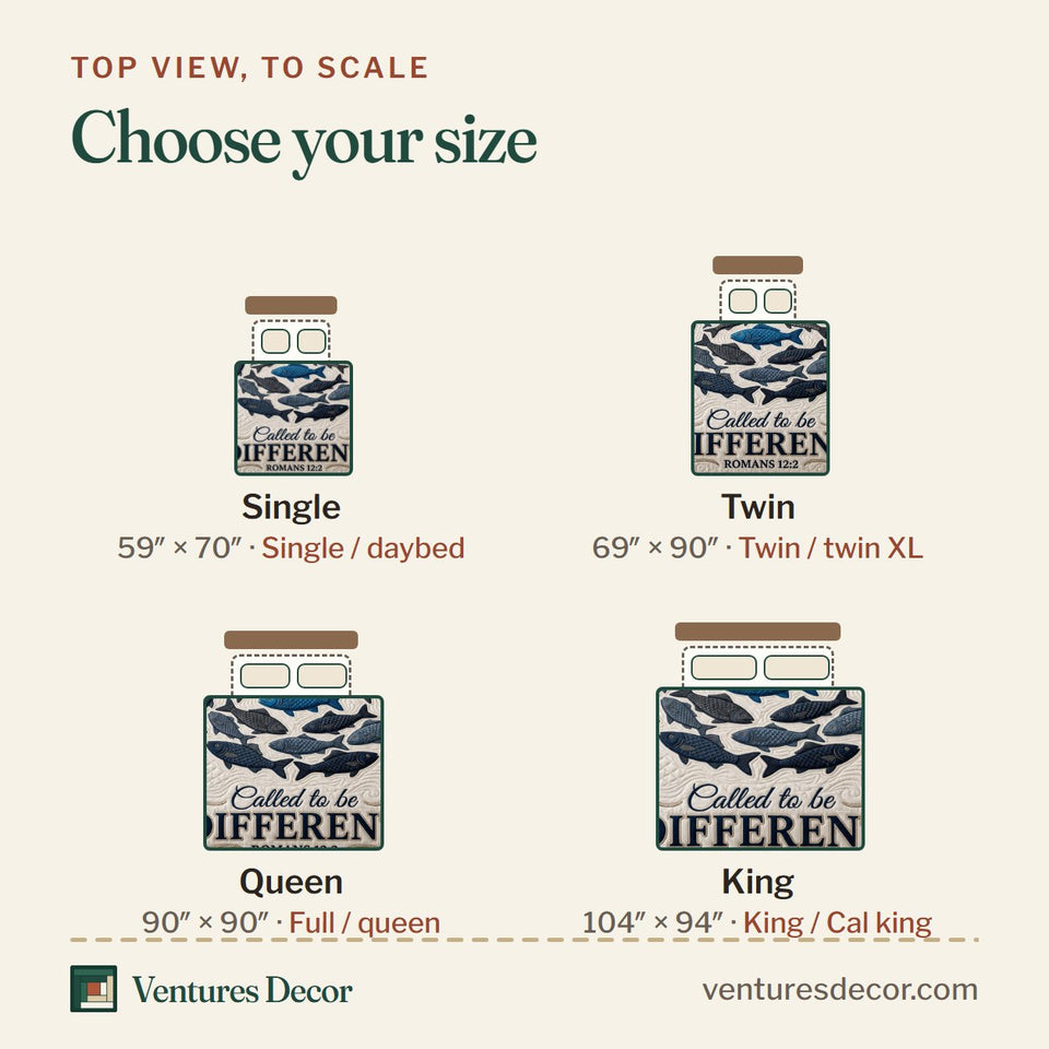 Size guide for the Called To Be Different quilt, top view to scale: Single 59 x 70 in, Twin 69 x 90 in, Queen 90 x 90 in, King 104 x 94 in