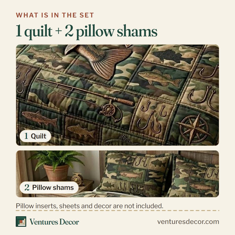 What is in the set: one quilt and two pillow shams, shown in the Camo Bass design