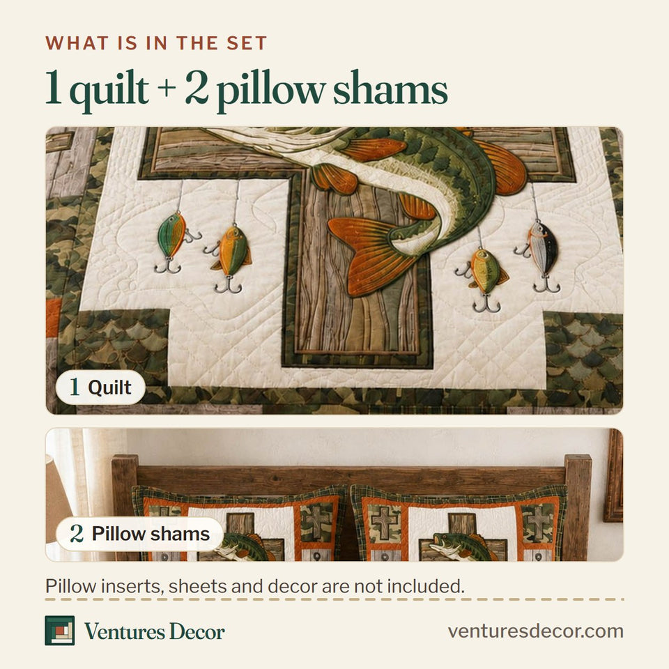 What is in the set: one quilt and two pillow shams, shown in the Camo Cross Fishing Bass Over a Wooden Cross design
