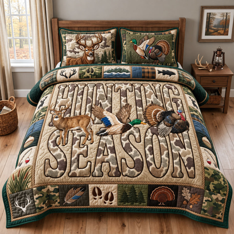 Camo Hunting Animals quilted bedding set, quilt and two pillow shams on a made bed