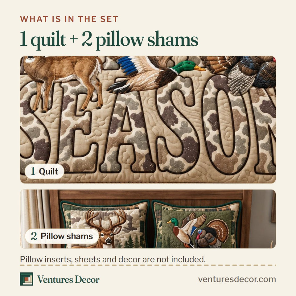 What is in the set: one quilt and two pillow shams, shown in the Camo Hunting Animals design