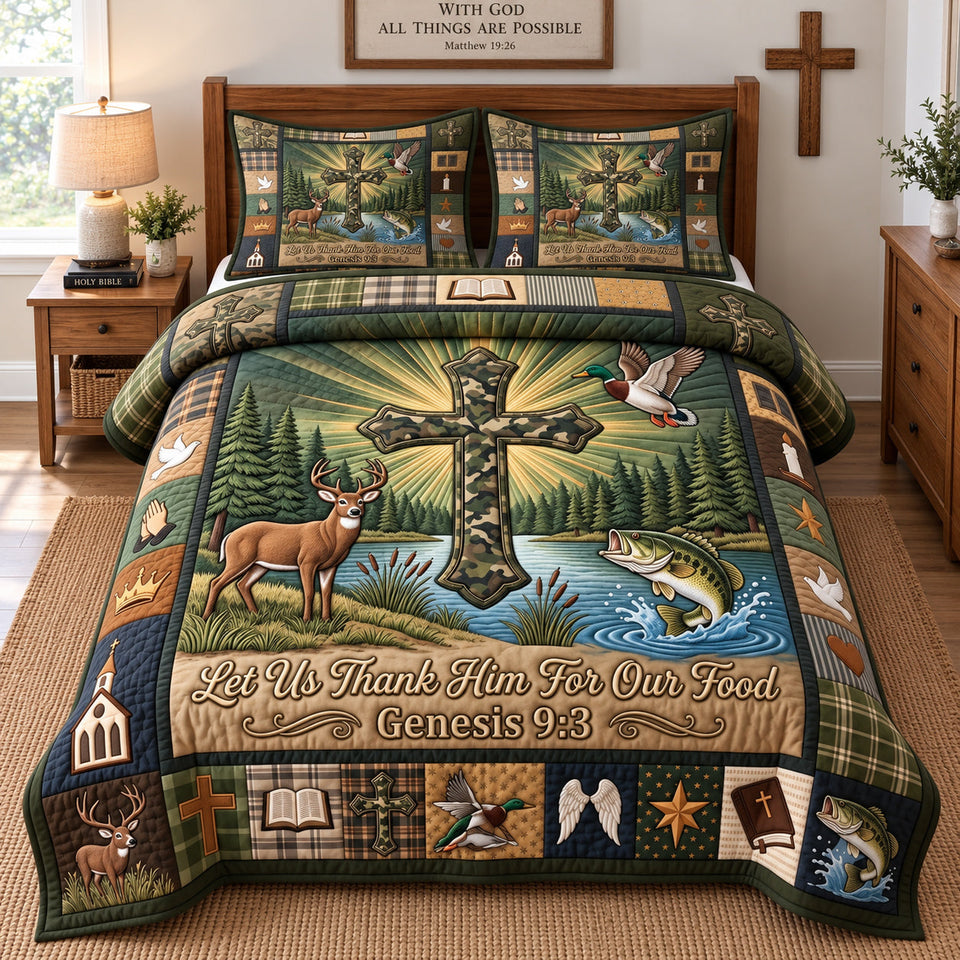 Camo Outdoor Grace quilted bedding set, quilt and two pillow shams on a made bed