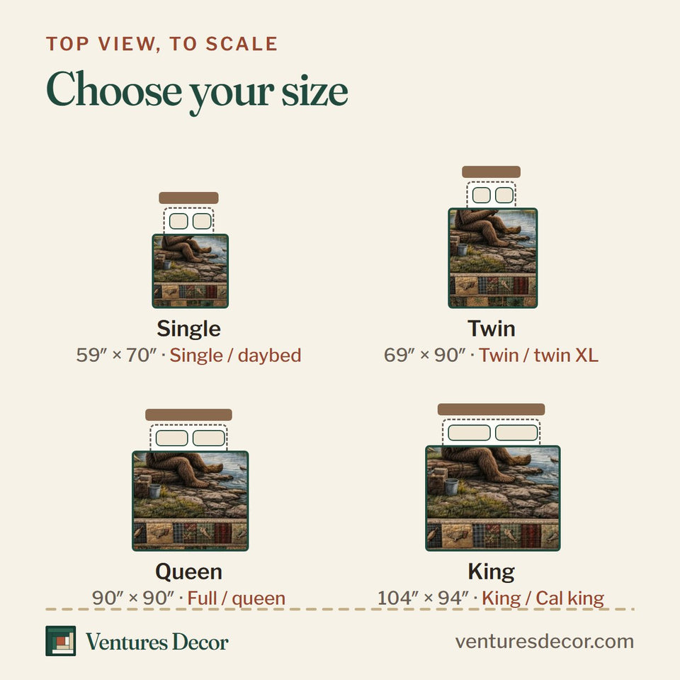 Size guide for the Camp Bigfoot quilt, top view to scale: Single 59 x 70 in, Twin 69 x 90 in, Queen 90 x 90 in, King 104 x 94 in